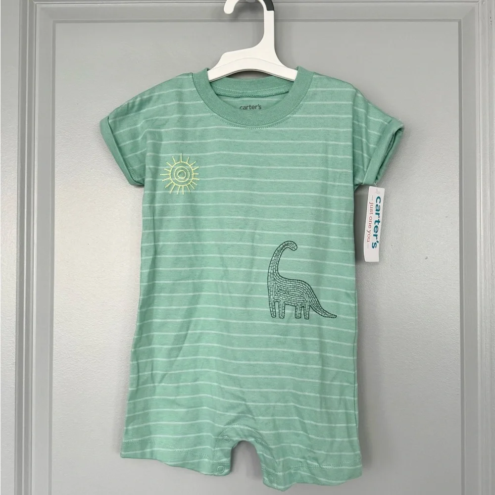 NWT Carter's Mint Green Striped Dino Romper with Sun Detail
